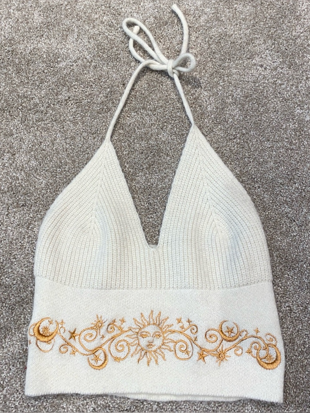 ROMWE Knit Embroidered Backless Halter Top Size S Cream Sun Moon Celestial